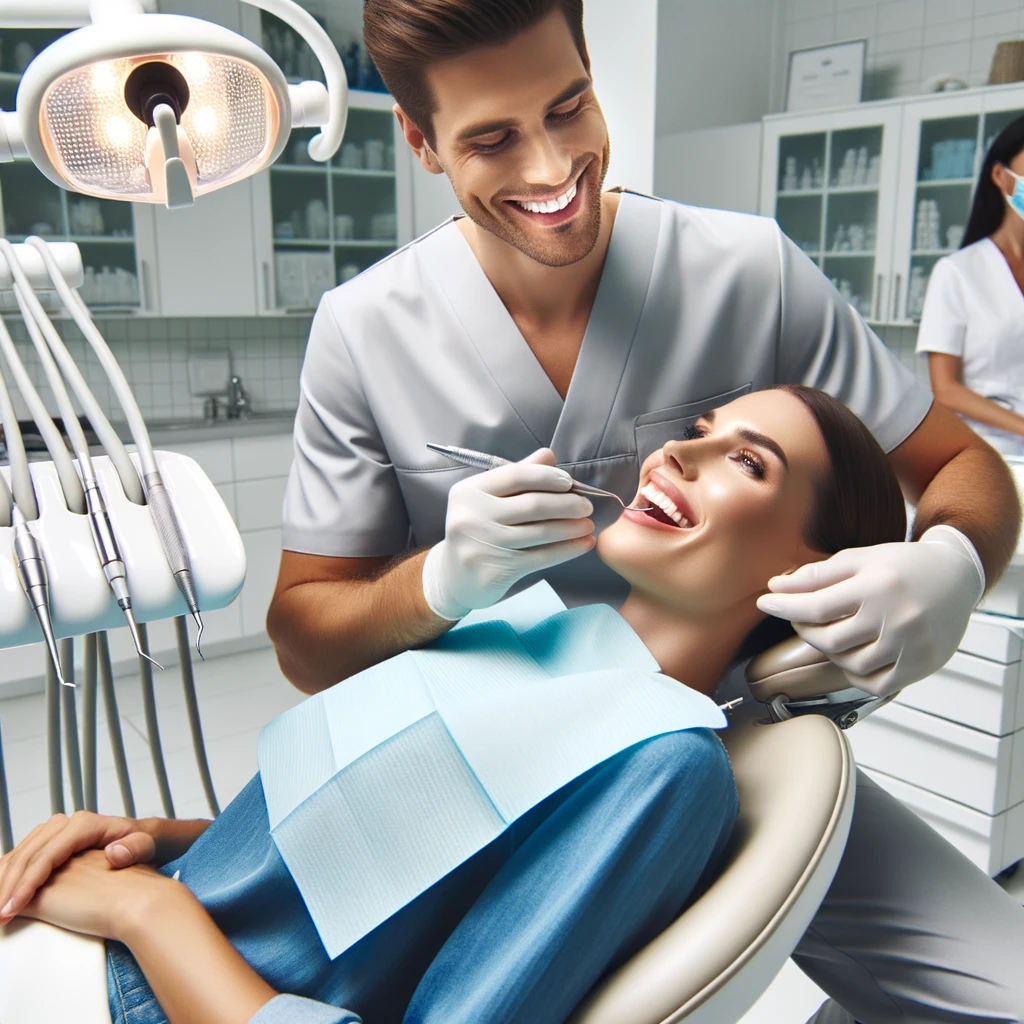 Dentist in San Diego performing a cosmetic dental procedure on a smiling female patient.