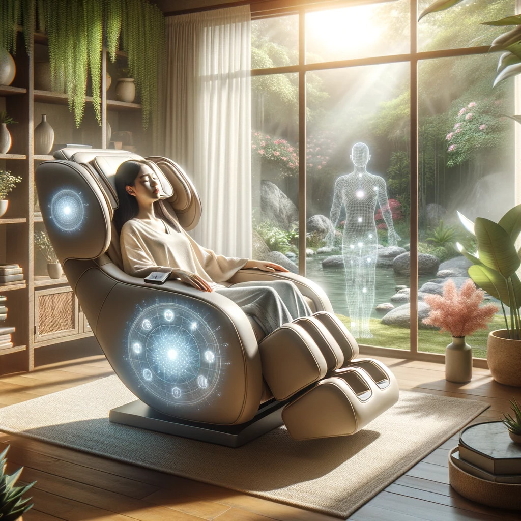 Person of Asian descent relaxing in a massage chair by a window with serene garden view and informational graphics on massage techniques.
