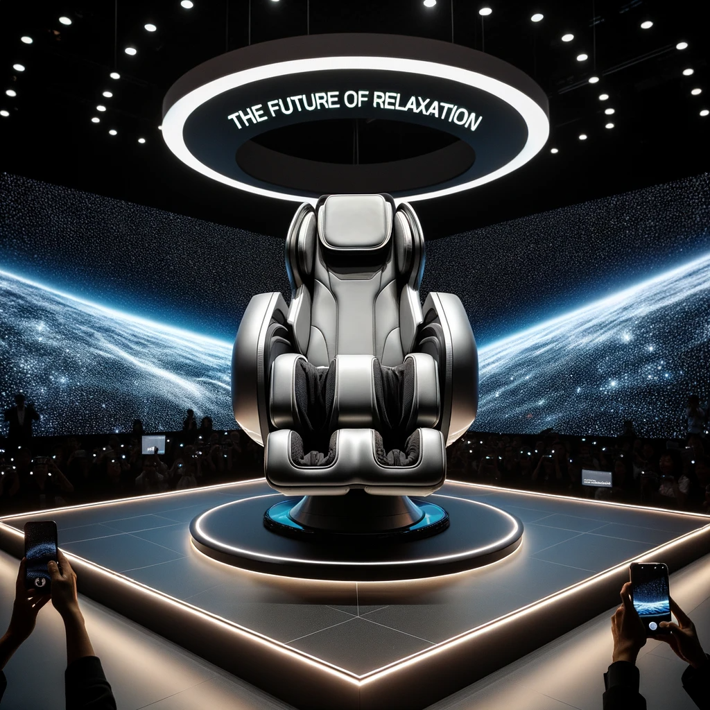Sleek zero gravity massage chair showcased on a futuristic stage with a digital screen displaying "The Future of Relaxation".