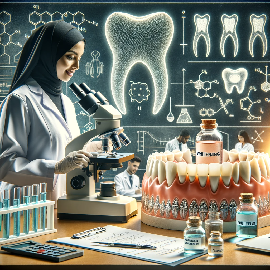 Dental scientists conducting research on teeth whitening methods in a laboratory.