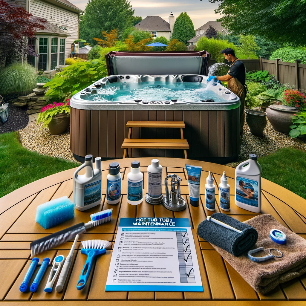 Serene Indianapolis backyard with a clear hot tub, maintenance tools on a table, a checklist titled 'Hot Tub Maintenance Tips', and a technician demonstrating filter cleaning.