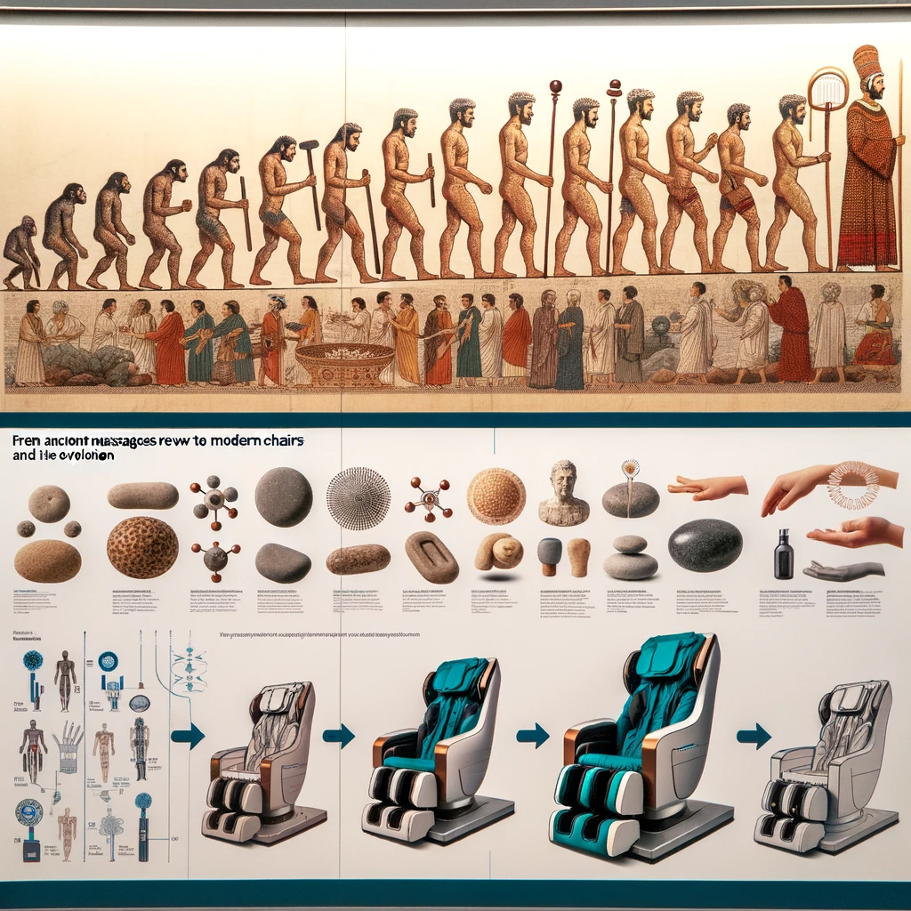 Timeline showcasing the evolution from ancient massage techniques with hands and stones to the modern technologically advanced massage chair.