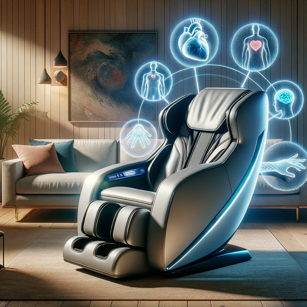 Premium massage chair in a modern living room with holographic bubbles illustrating benefits like cardiovascular health, mental clarity, deep breathing, and human connection.