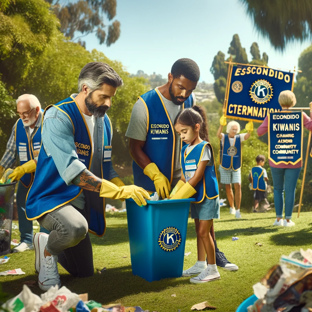 Diverse volunteers from Escondido Kiwanis participate in a park clean-up, enhancing their community.