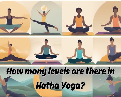 A serene setting with a series of progressively challenging yoga poses, symbolizing the different levels of Hatha Yoga