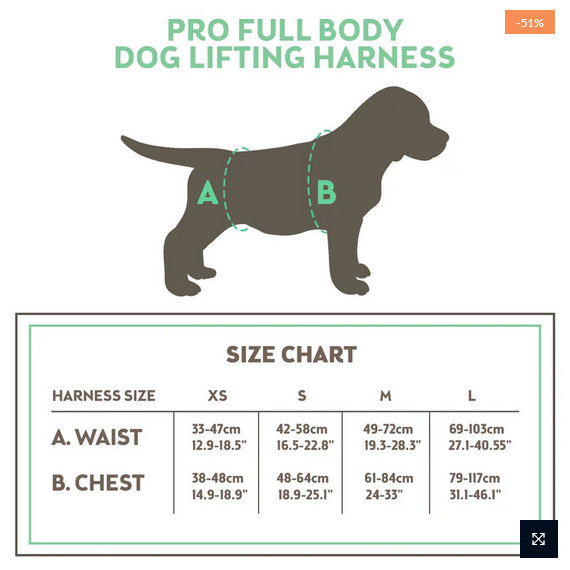 Dog lifting harness size chart